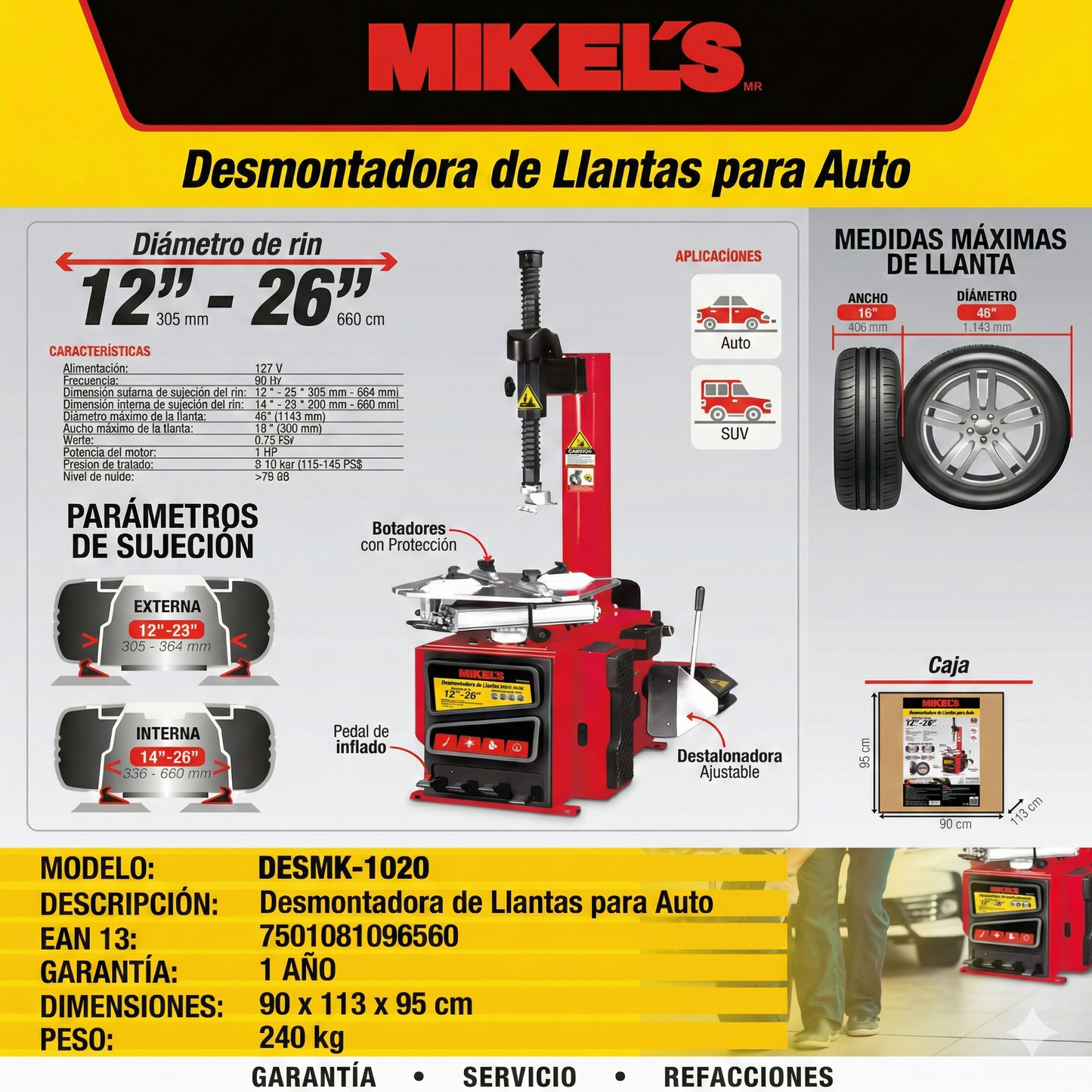 Desmontadora de llantas (12" a 26") MIKELS DESMK-1020