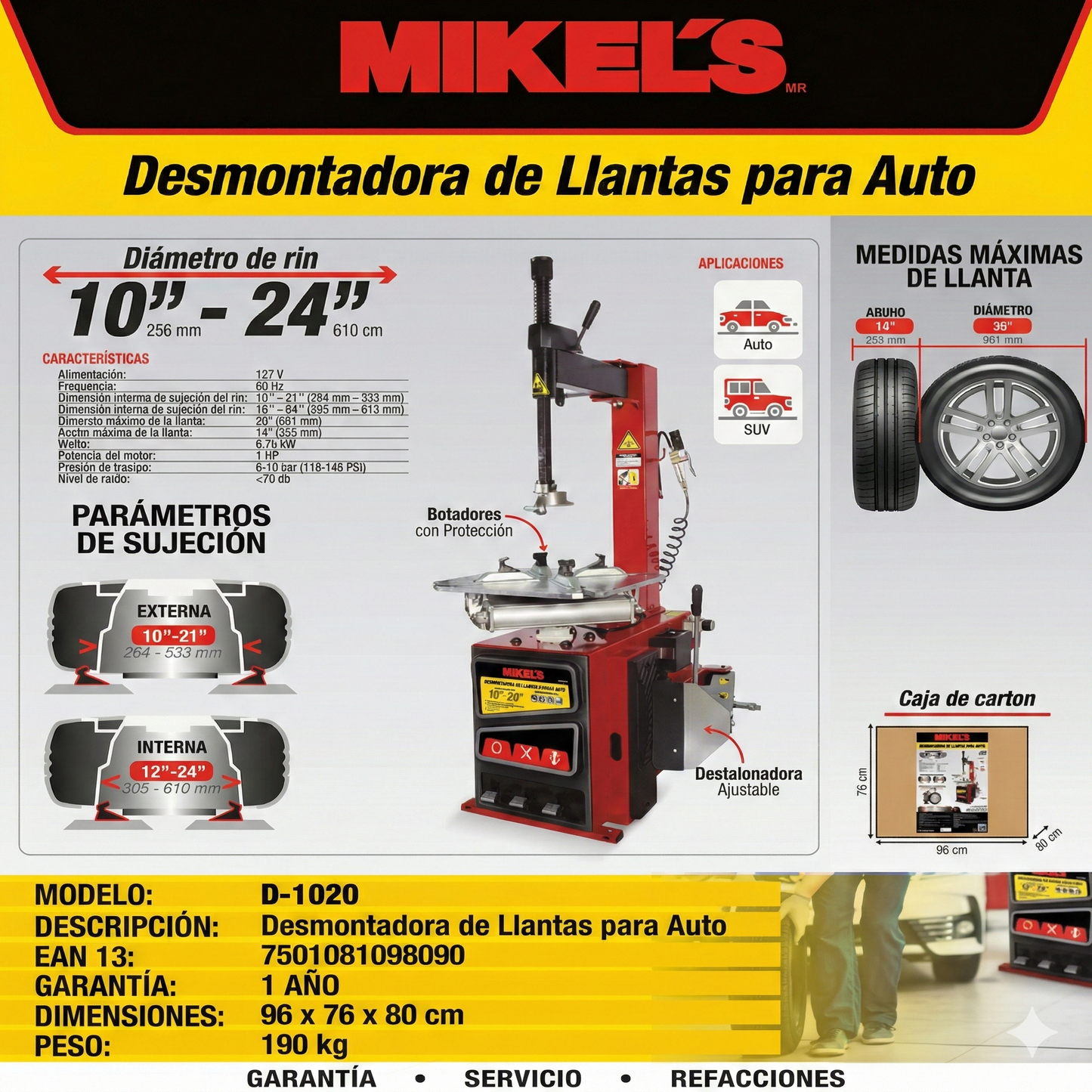 Desmontadora de llantas MIKELS (rin 10” a 24”) MODELO D-1020
