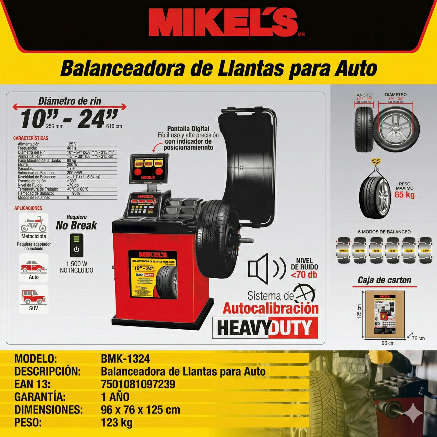 Balanceadora de llantas alto volumen MIKELS (rin 10” a 24”) MODELO BALMK-1324