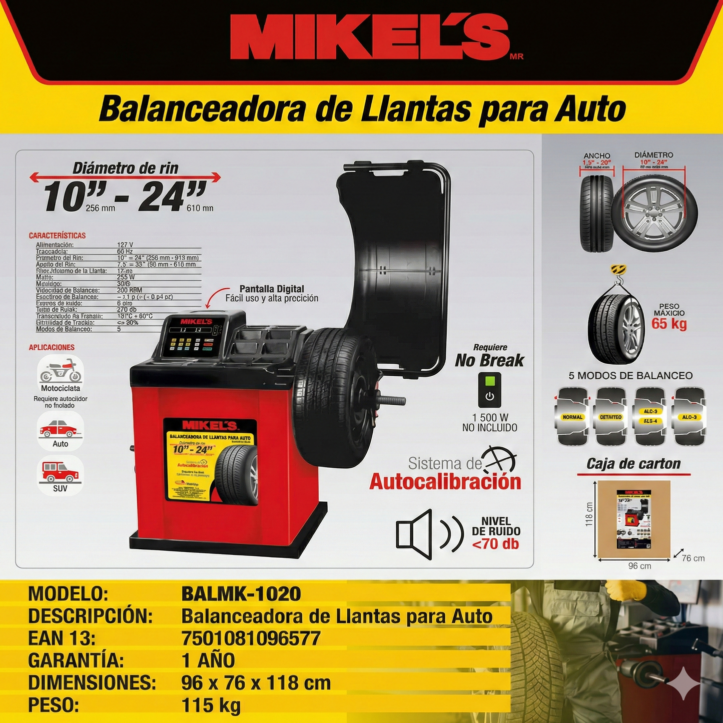 Balanceadora de llantas para auto MIKELS (rin 10” a 24”) MODELO BALMK-1020
