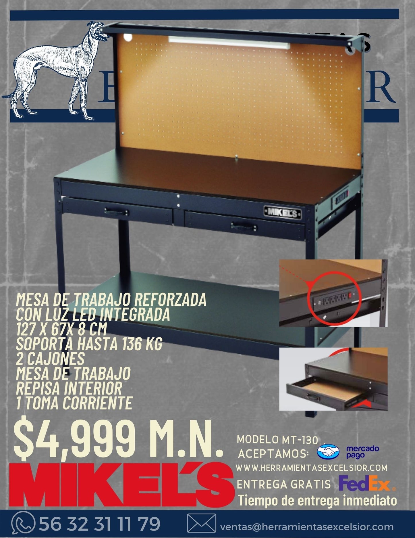 Mesa de trabajo para taller con luz de trabajo y toma corriente MIKELS