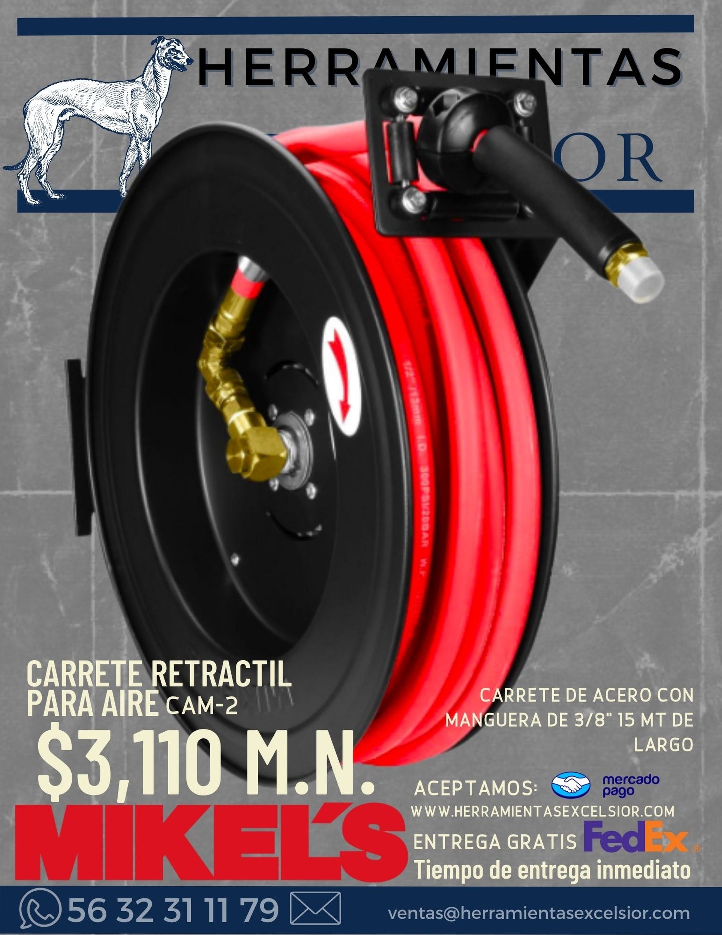 Carrete retractil para aire MIKELS 3/8" X 15 metros.