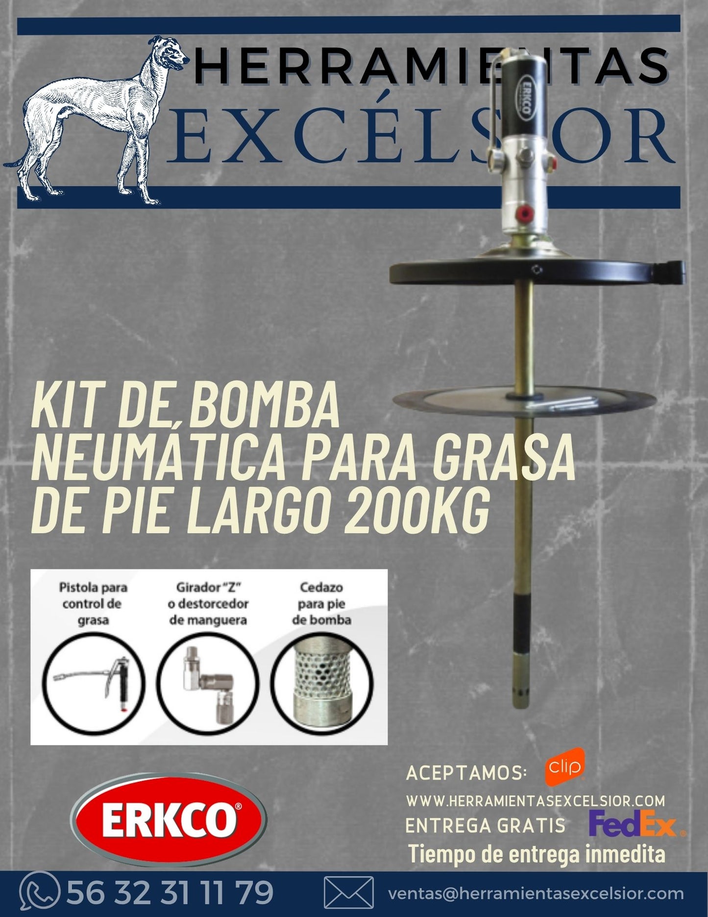 Kit de Bomba Neumática Para Grasa de Pie Largo 200Kg ERKCO