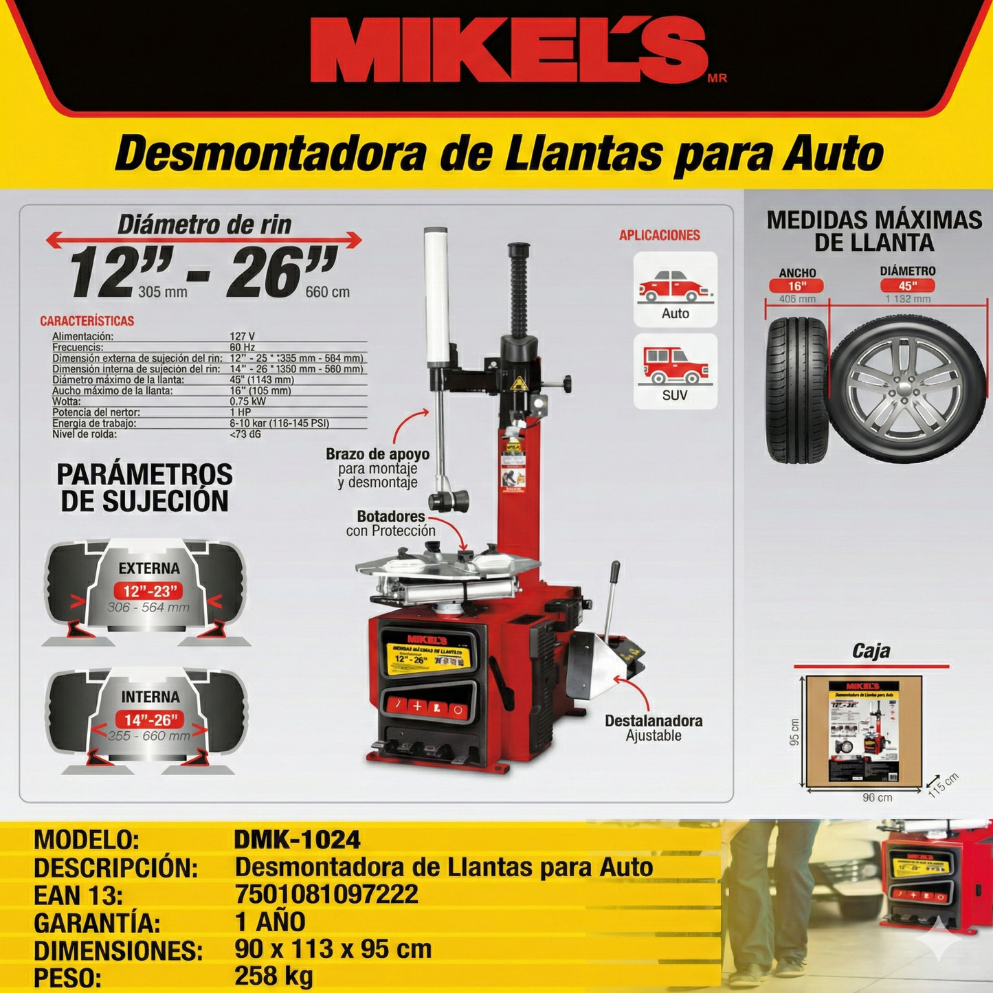 Desmontadora de llantas (rin 12” a 26") Modelo DMK-1024