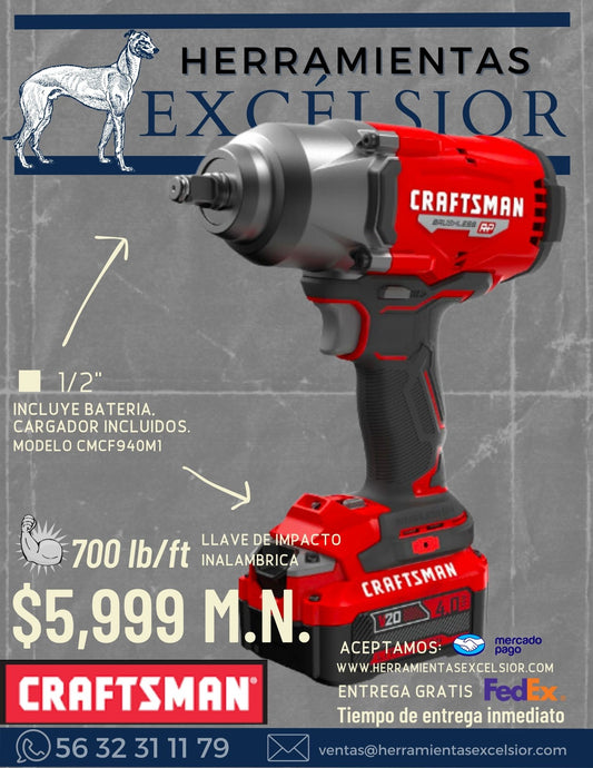 Llave de impacto CRAFTSMAN 1/2" Inalambrica de baterias 20v 700 lb/ft