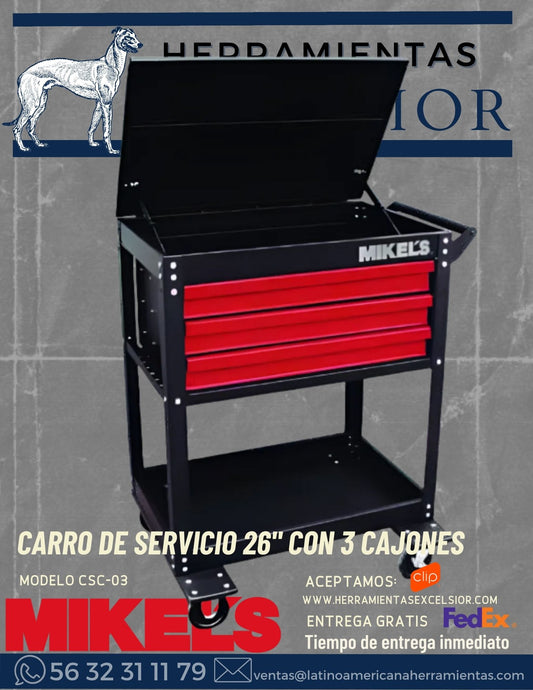 Carro de Servicio 26" con 3 Cajones MIKELS