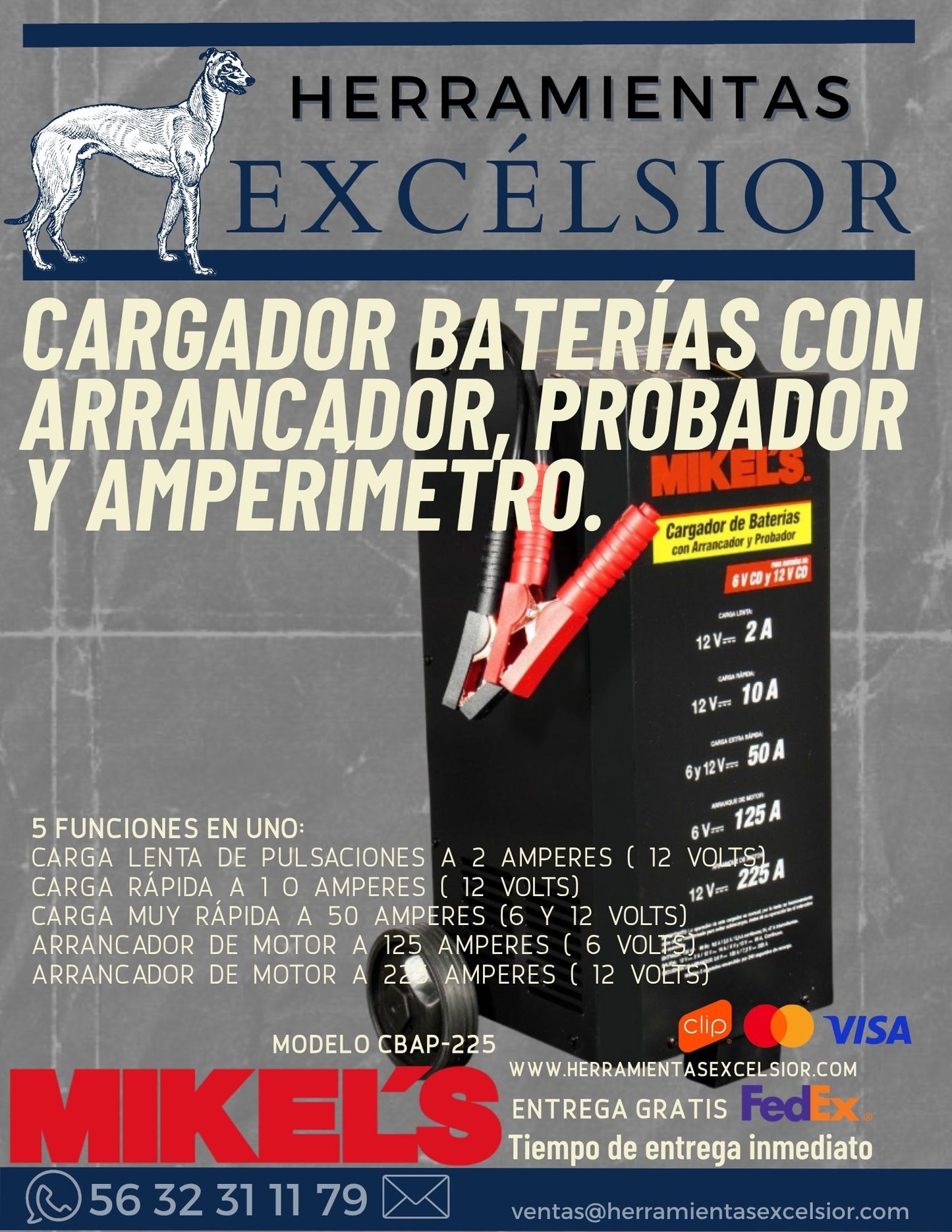 Cargador y arrancador para autos con amperimetro MIKELS
