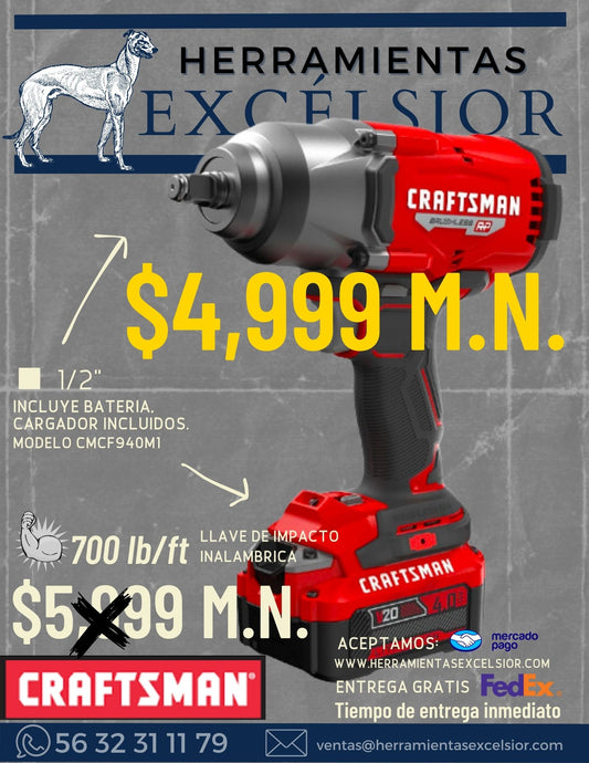 Llave de impacto CRAFTSMAN 1/2" Inalambrica de baterias 20v 700 lb/ft