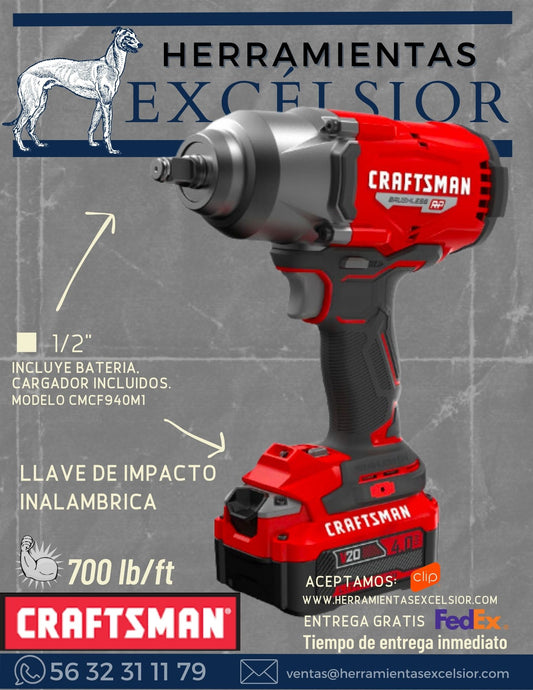 Llave de impacto CRAFTSMAN 1/2" Inalambrica de baterias 20v 700 lb/ft