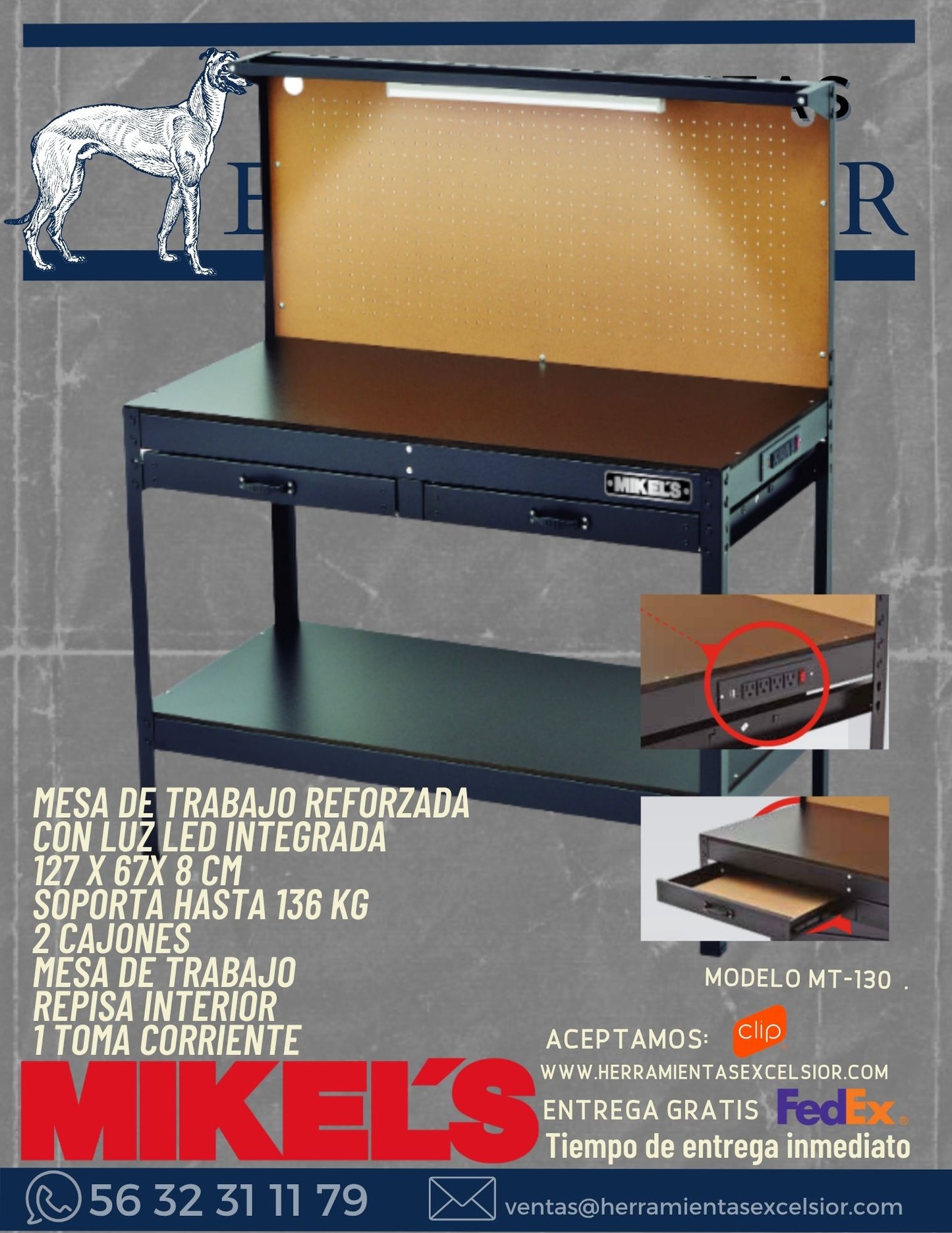 Mesa de trabajo para taller con luz de trabajo y toma corriente MIKELS